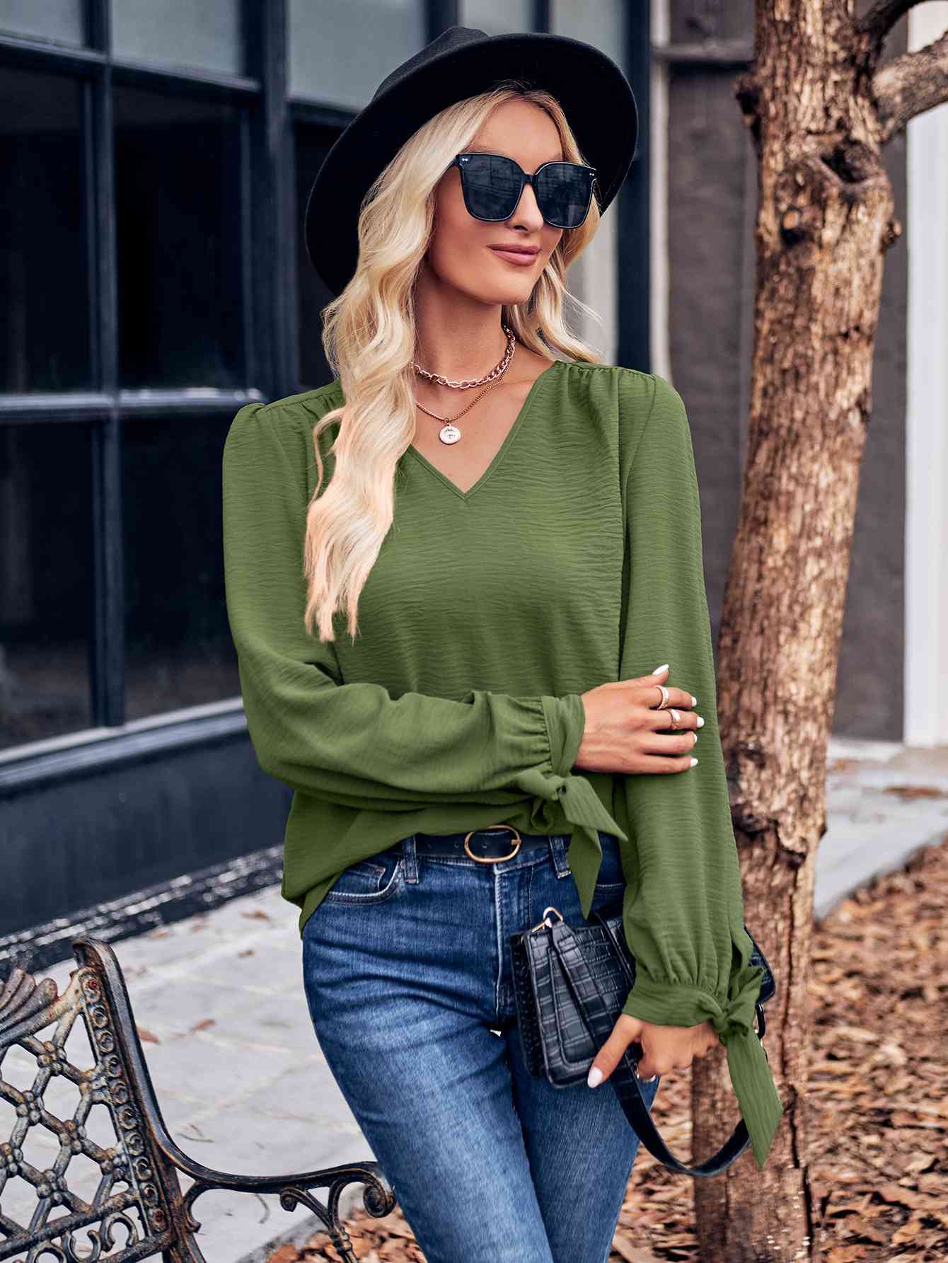 V-Neck Tie Cuff Puff Sleeve Blouse (3 Colors)
