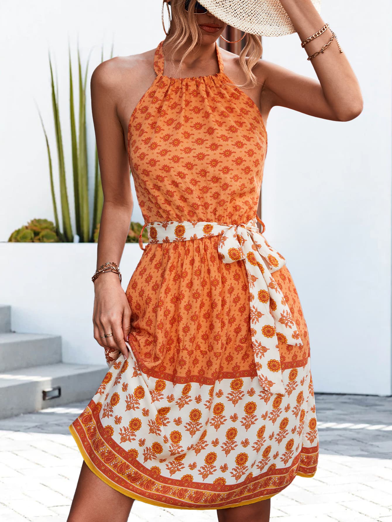 Floral Print Halter Neck Tie Waist Dress