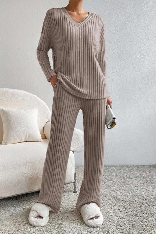 Ribbed V-Neck Top and Pants Set (5 Colors)