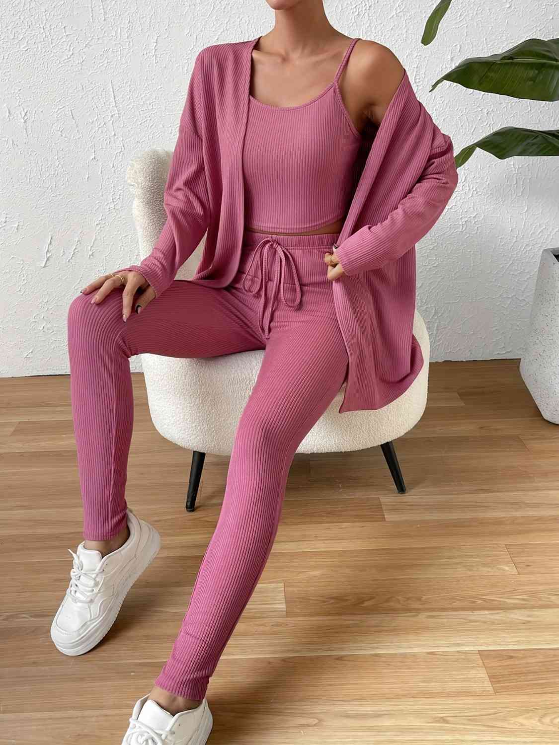 Cami, Open Front Cardigan, and Pants Lounge Set