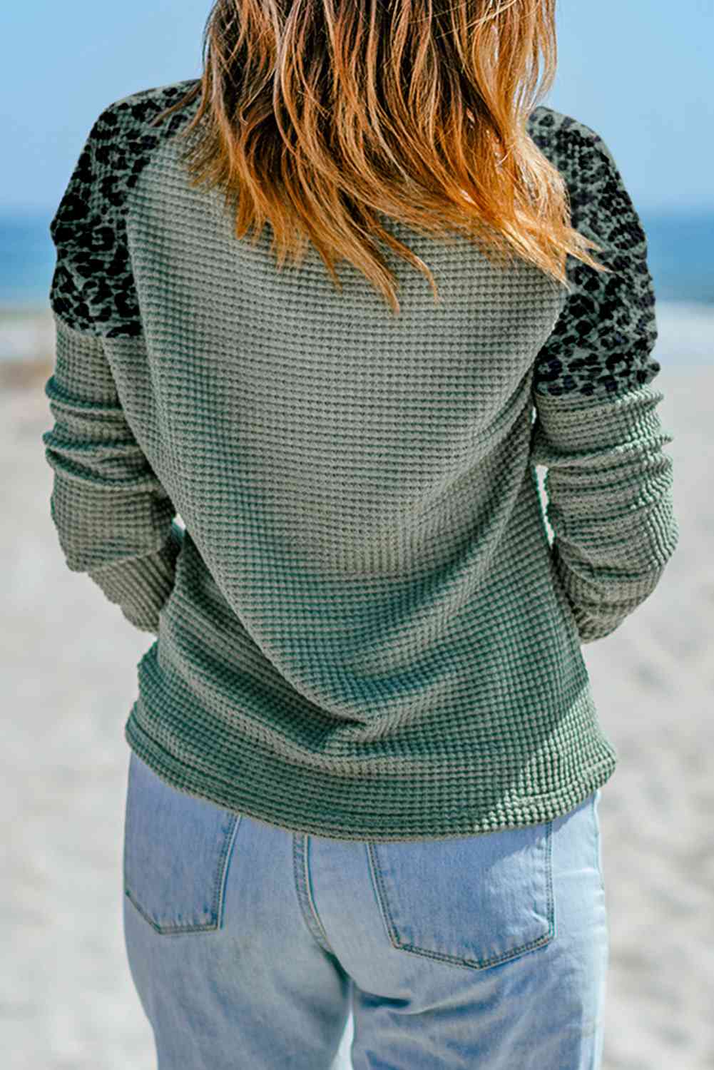 Waffle Knit Leopard Print Notched Neck Top