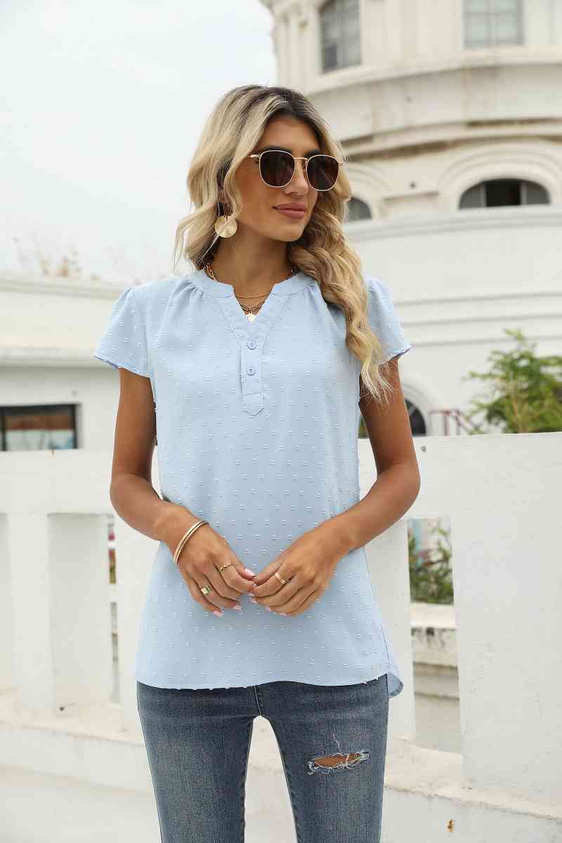 Swiss Dot Notched Neck Short Sleeve Top (9 Colors)