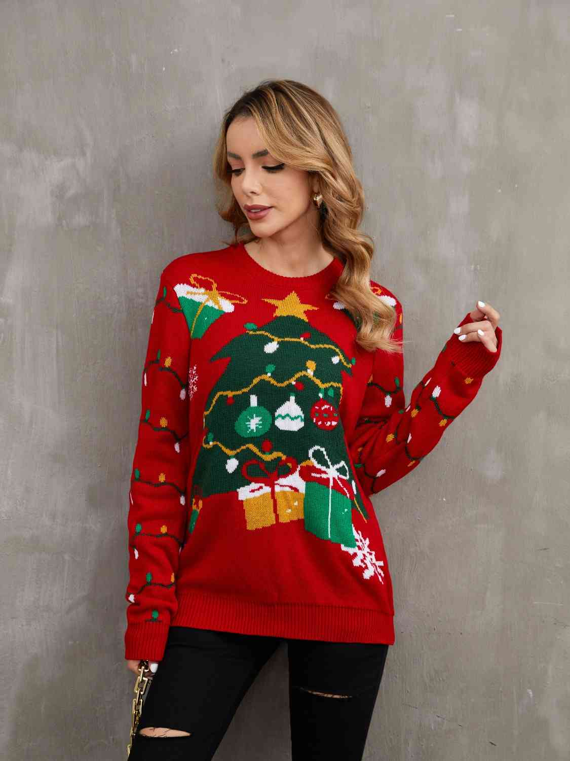 Christmas Tree & Present Theme Round Neck Sweater