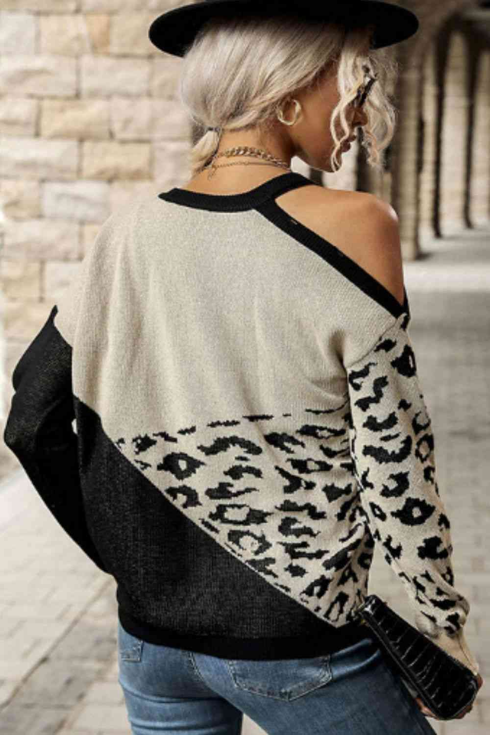 Leopard Print Color Block Cold-Shoulder Sweater