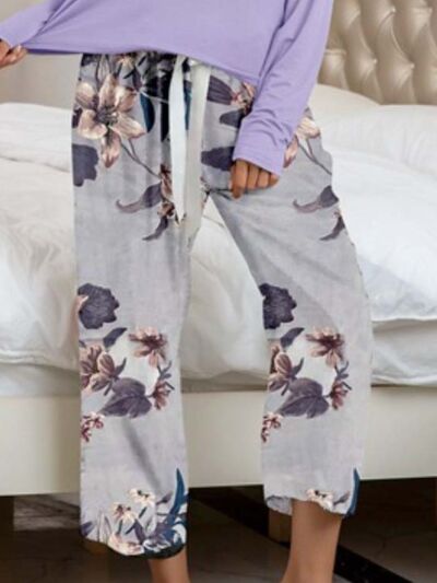 Round Neck Top and Printed Pants Lounge Set (9 Colors)