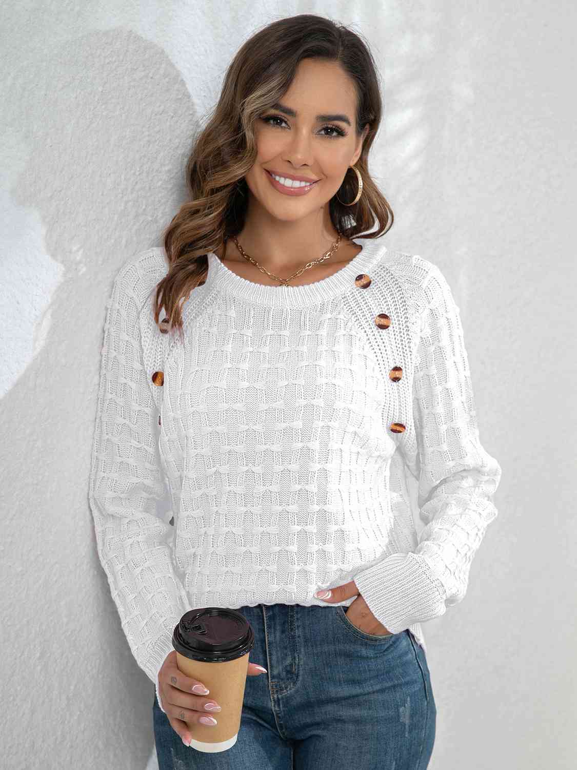 Decorative Button Long Sleeve Sweater (2 Colors)