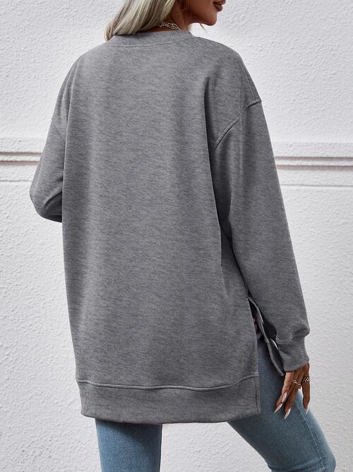 V-Neck Slit Long Sleeve Sweatshirt (9 Colors)