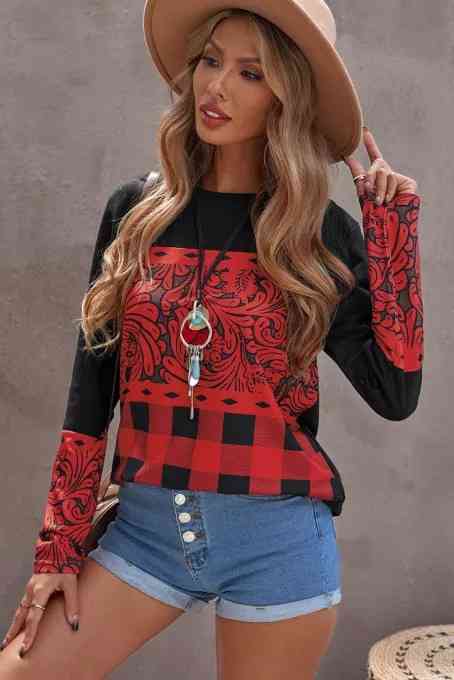 Mixed Print Color Block Long Sleeve Top (2 Styles)