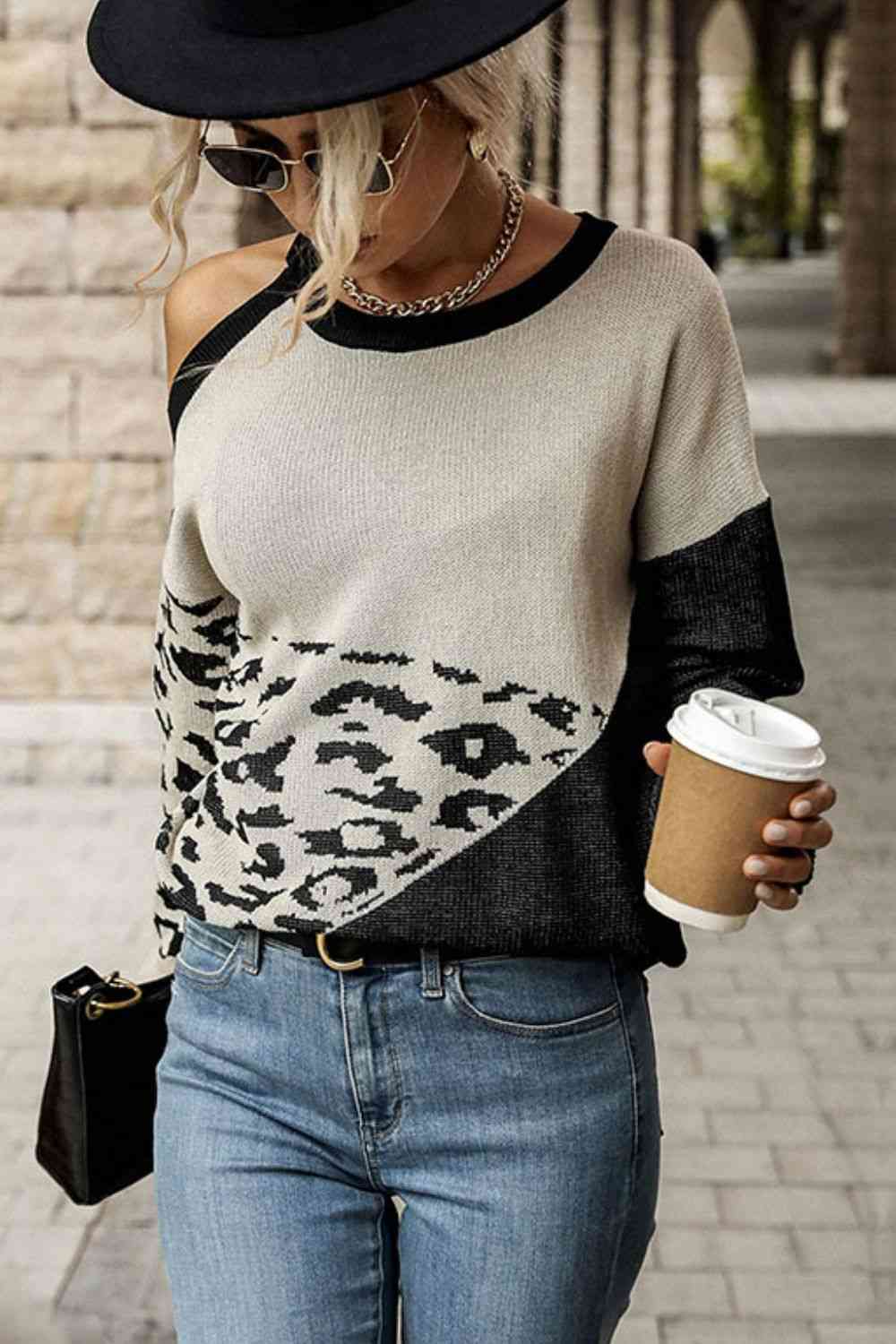 Leopard Print Color Block Cold-Shoulder Sweater