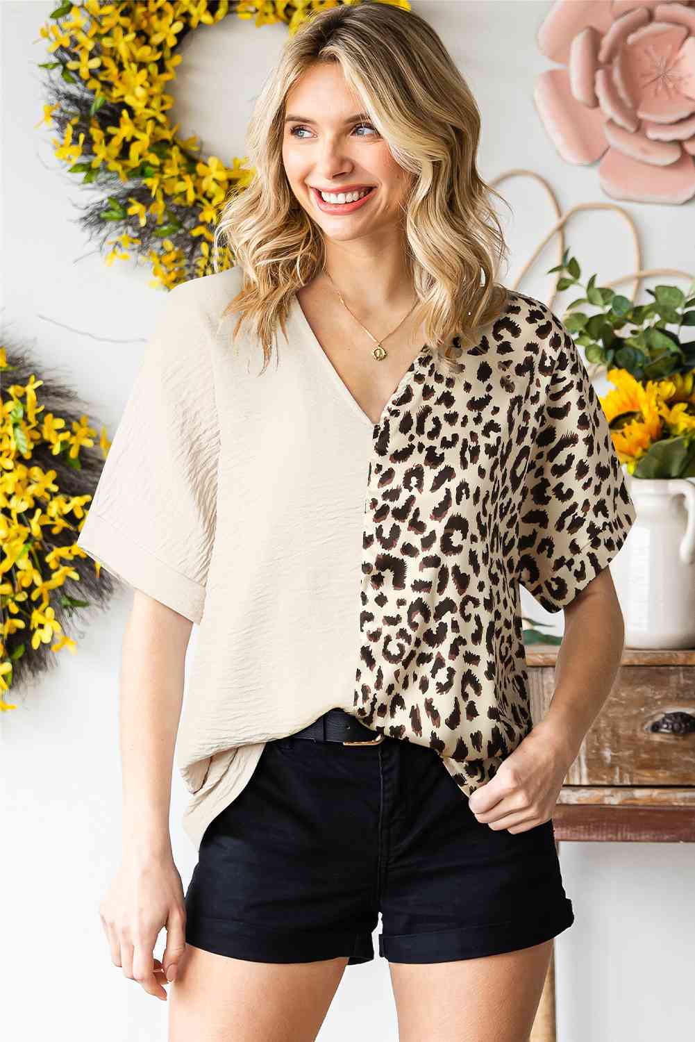 Leopard Print Color Block V-Neck Blouse (2 Colors)