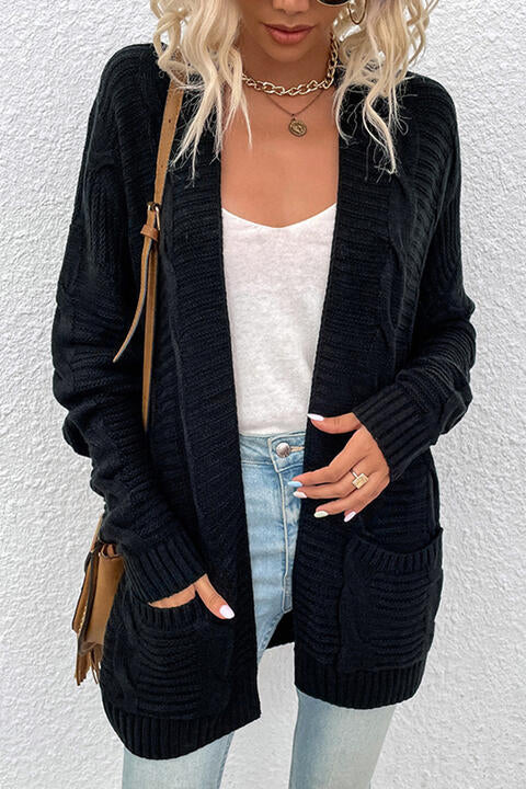 Cable-Knit Open Front Cardigan with Pockets (6 Colors)