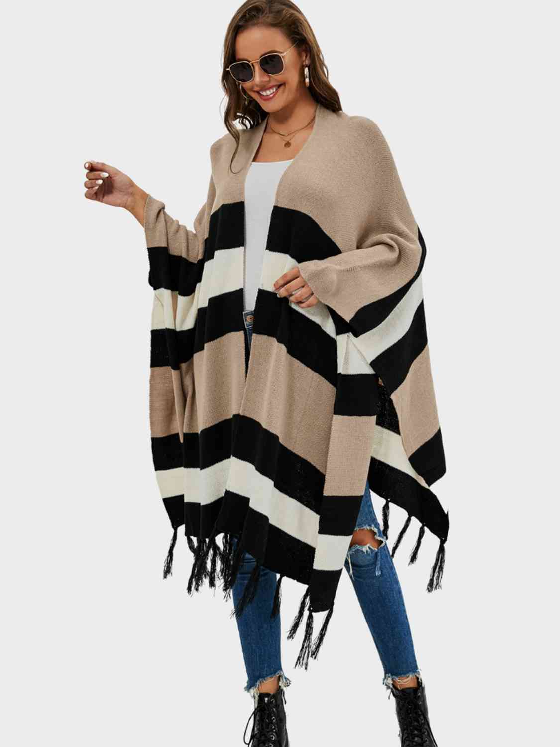 Striped Open Front Fringe Cardigan (2 Colors)