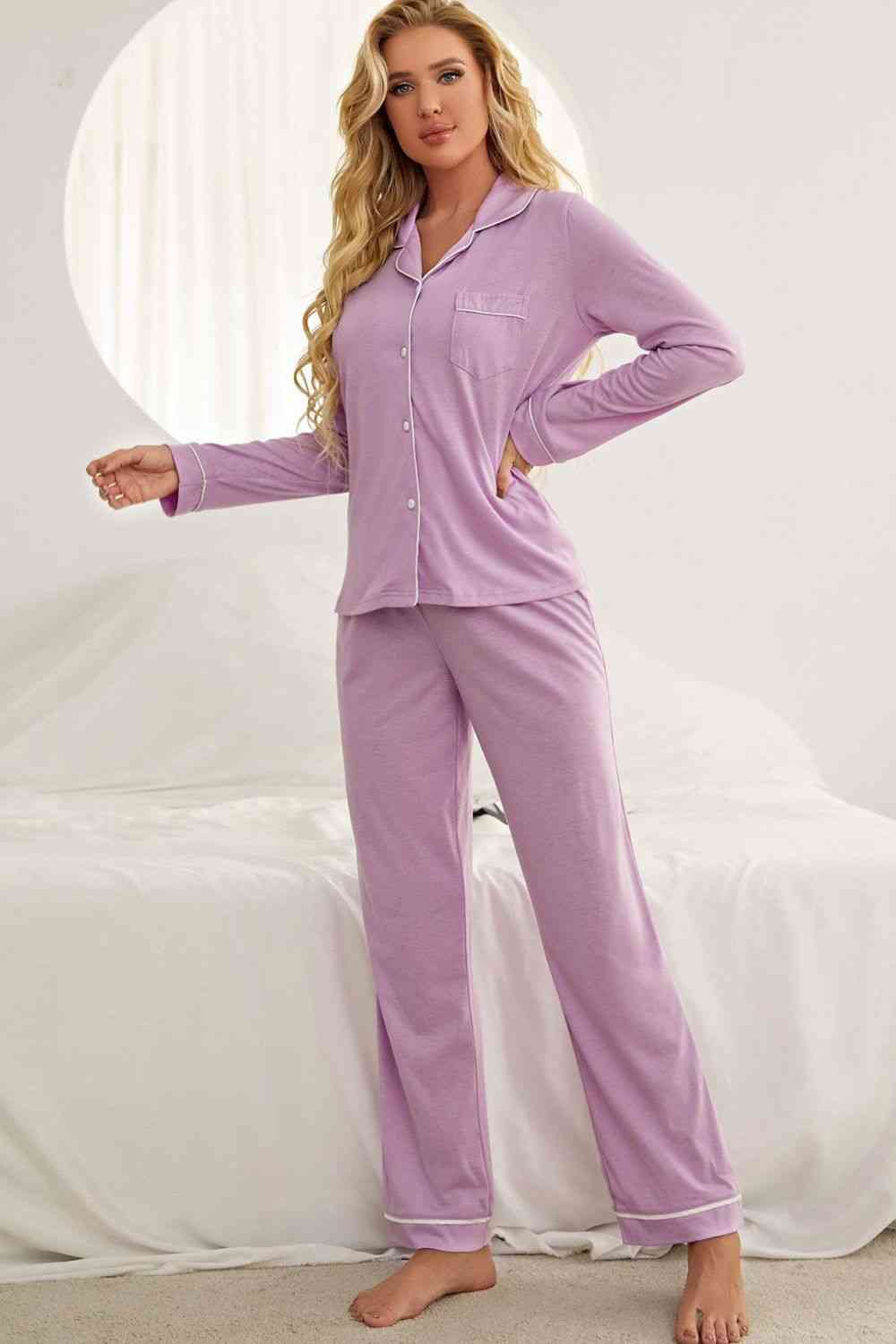 Contrast Piping Button Down Top and Pants Loungewear Set (2 Colors)
