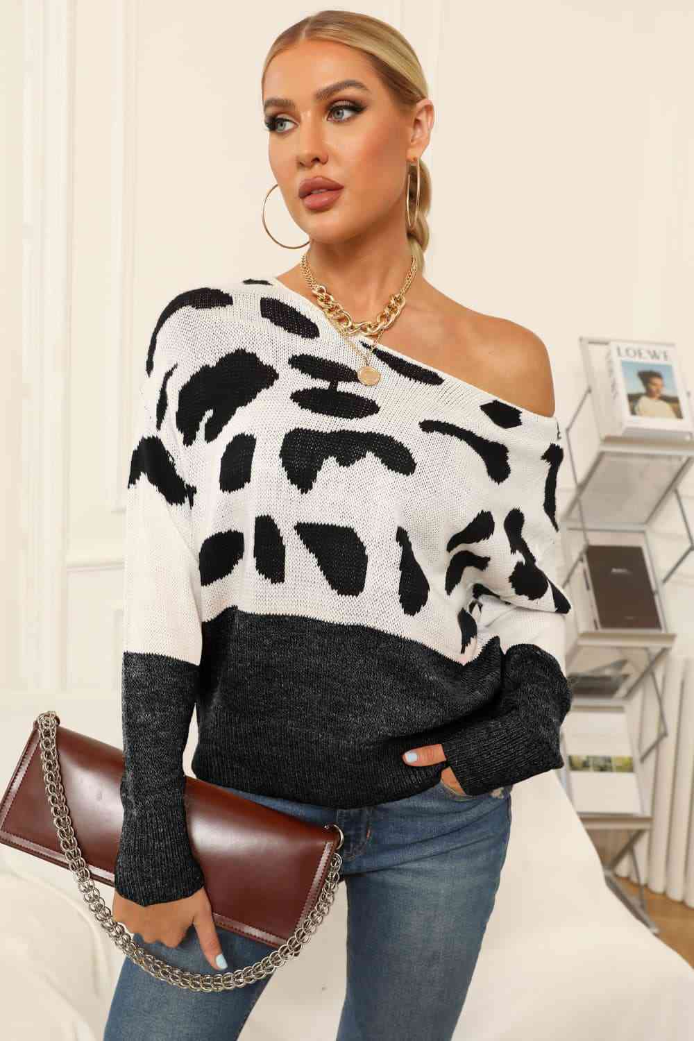 Full Size Two-Tone Boat Neck Sweater (3 Colors)