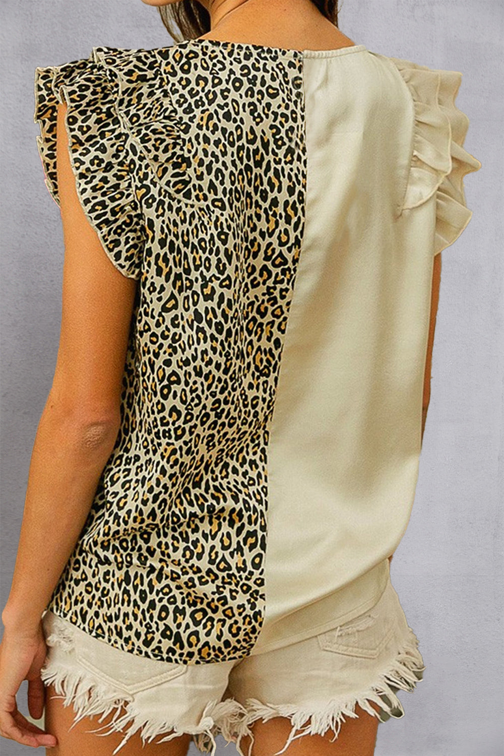 Ruffled Leopard V-Neck Cap Sleeve Blouse