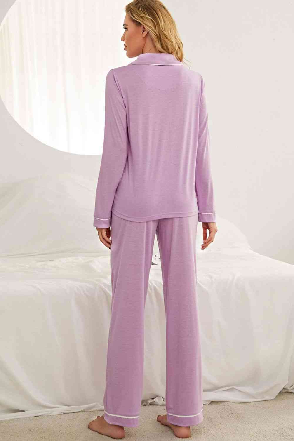 Contrast Piping Button Down Top and Pants Loungewear Set (2 Colors)