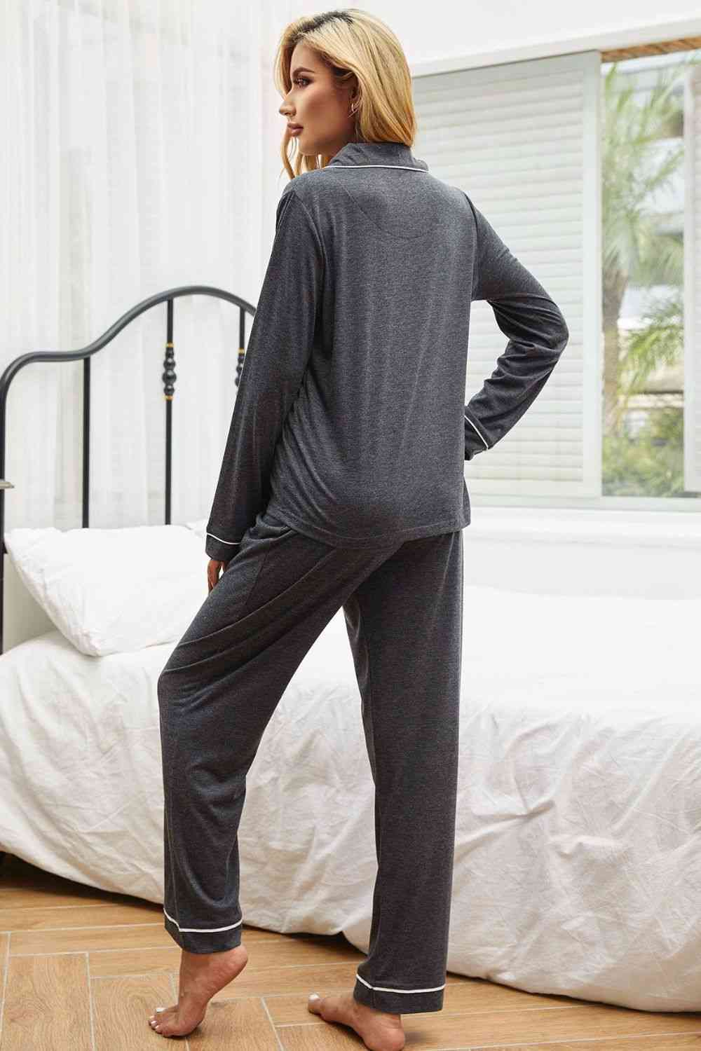 Contrast Piping Button Down Top and Pants Loungewear Set (2 Colors)