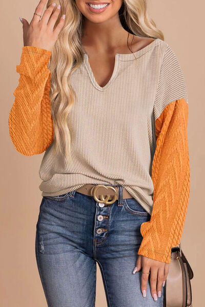 Contrast Color Notched Long Sleeve Blouse