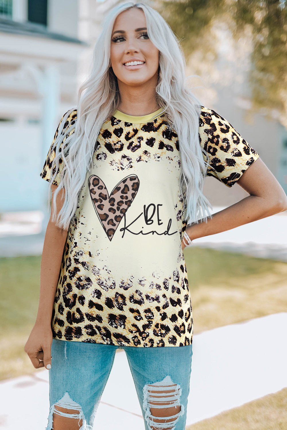 KHD BE KIND Heart Leopard Print Round Neck Tee