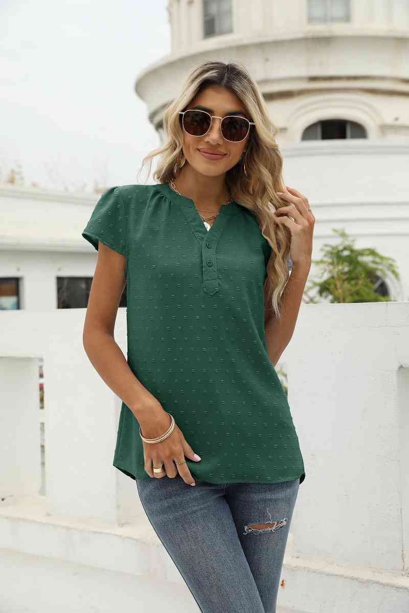 Swiss Dot Notched Neck Short Sleeve Top (9 Colors)