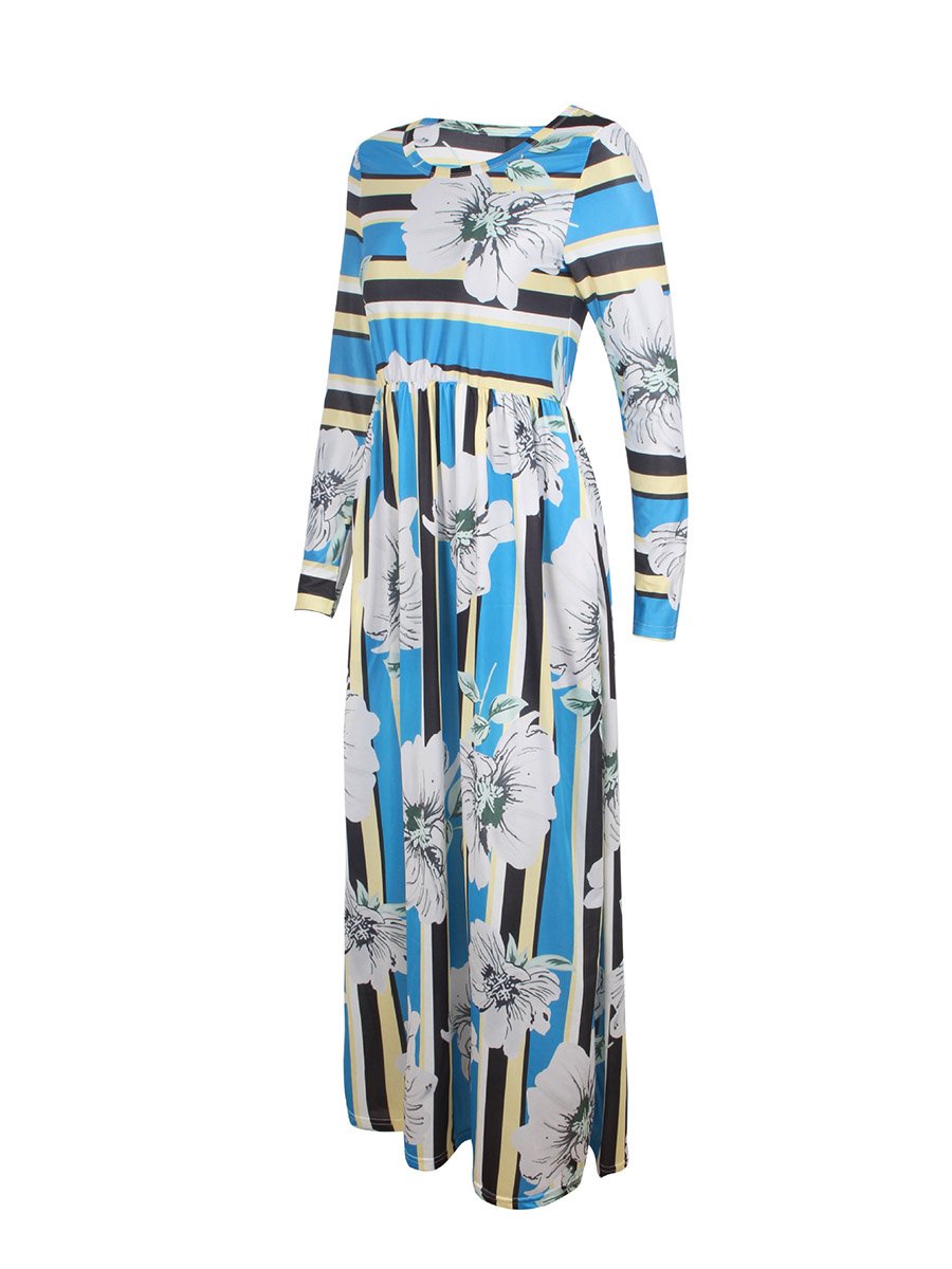 Striped Print Long Sleeve Casual Maxi Dress for Women