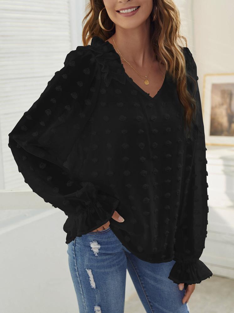 Swiss Dot Pattern Lantern Sleeve V Neck Top Fashion Blouses