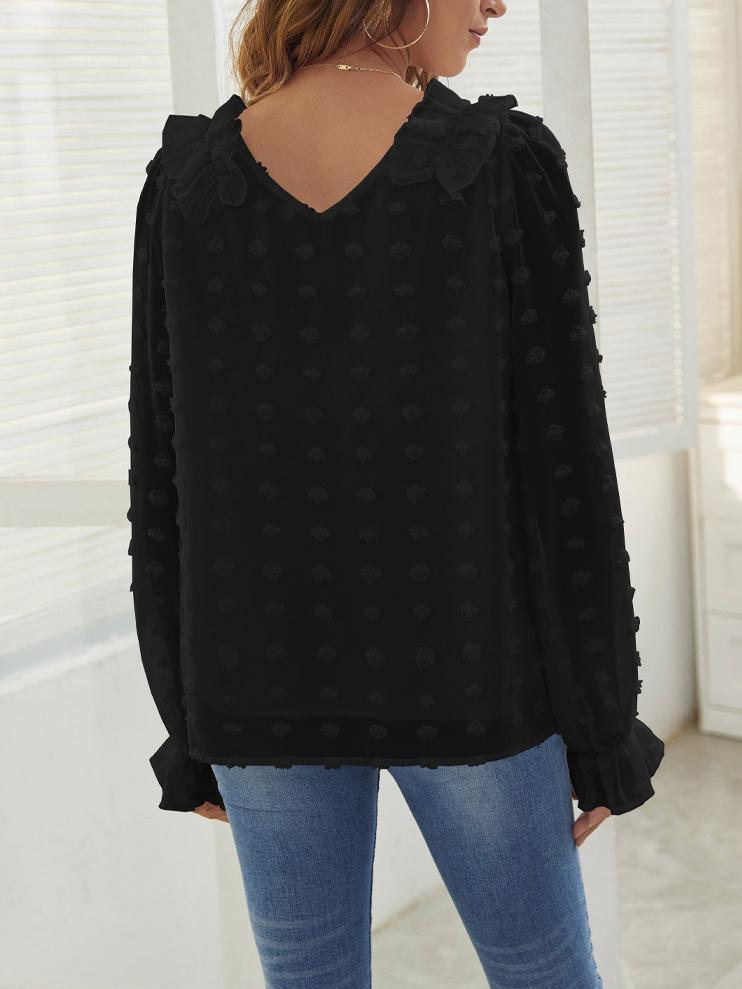 Swiss Dot Pattern Lantern Sleeve V Neck Top Fashion Blouses