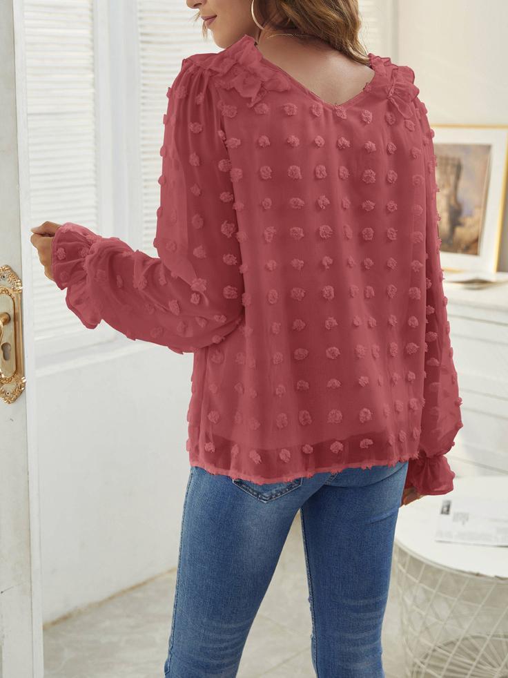 Swiss Dot Pattern Lantern Sleeve V Neck Top Fashion Blouses