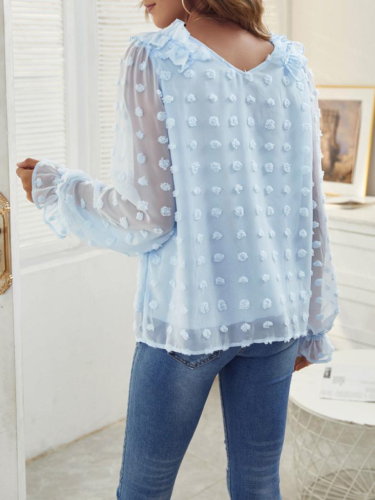 Swiss Dot Pattern Lantern Sleeve V Neck Top Fashion Blouses