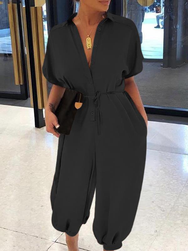 Stylish short sleeve  high waist loose wide leg girdle plain jumpsuits