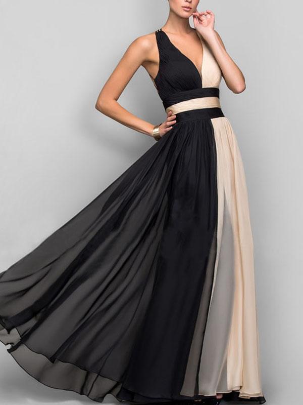 Two-color Sleeveless V-Neck  Evening Dress