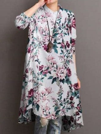 Stylish Floral print Lapel Long sleeve Shirt Shift Dresses