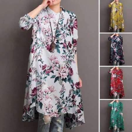 Stylish Floral print Lapel Long sleeve Shirt Shift Dresses