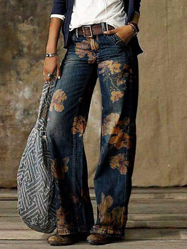 Stylish blue printed long jeans pants for women