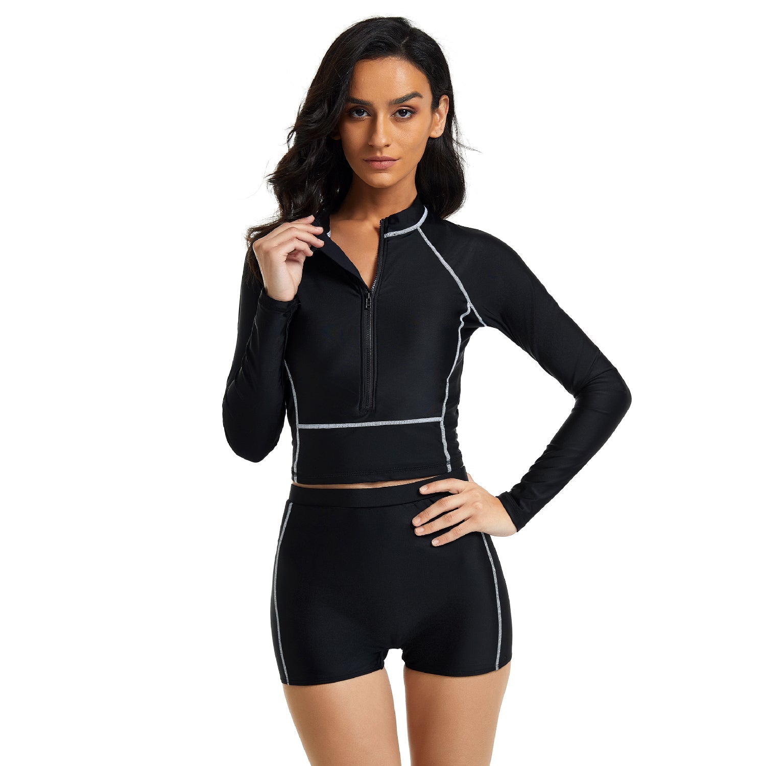 Long Sleeve Swimsuit Cropped Rash Guard Top Surfing Suit