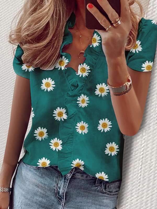 Summer flounce short sleeve Daisy printed v-neck shirt blouses