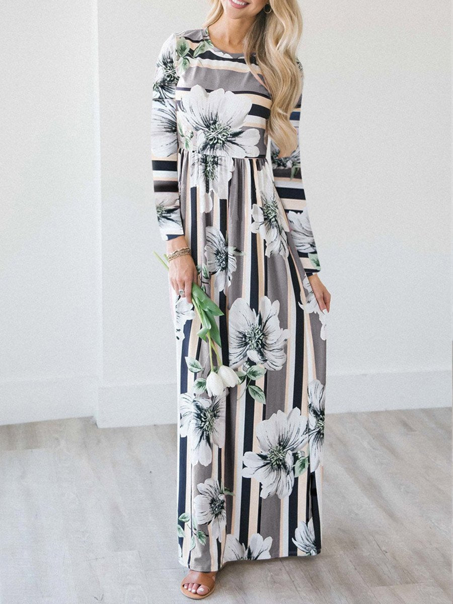 Striped Print Long Sleeve Casual Maxi Dress for Women