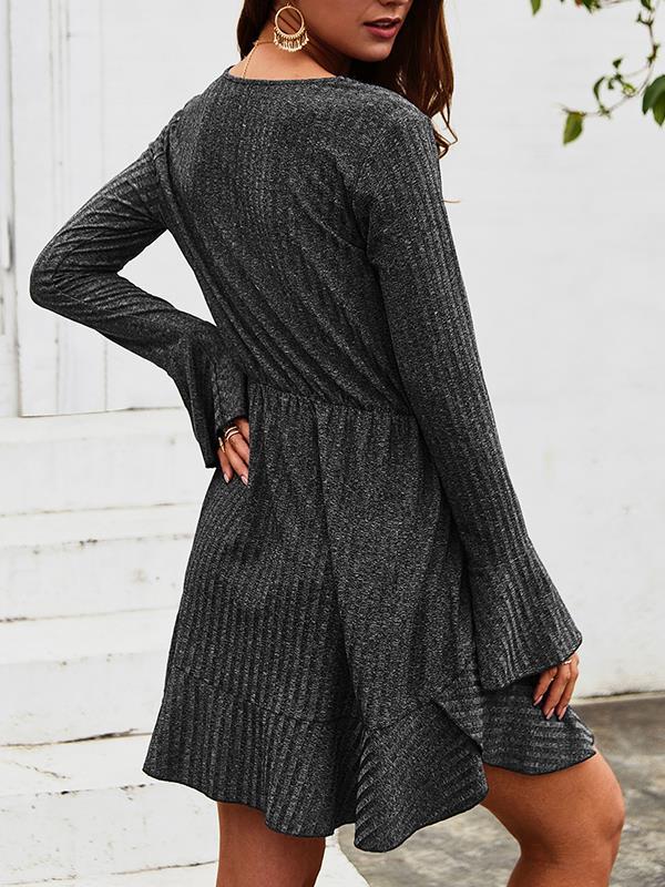 V neck button long sleeve autumn skater dresses