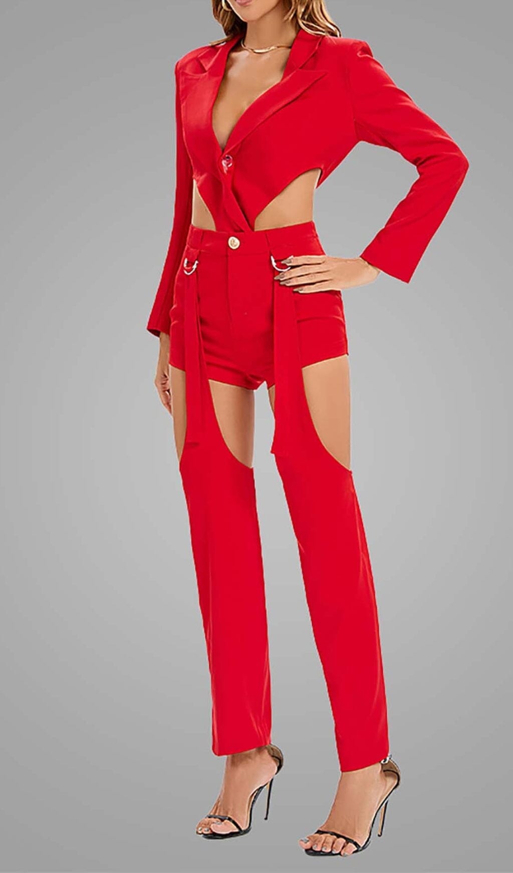 CUTOUT BACKLESS THREE PIECE SET IN RED