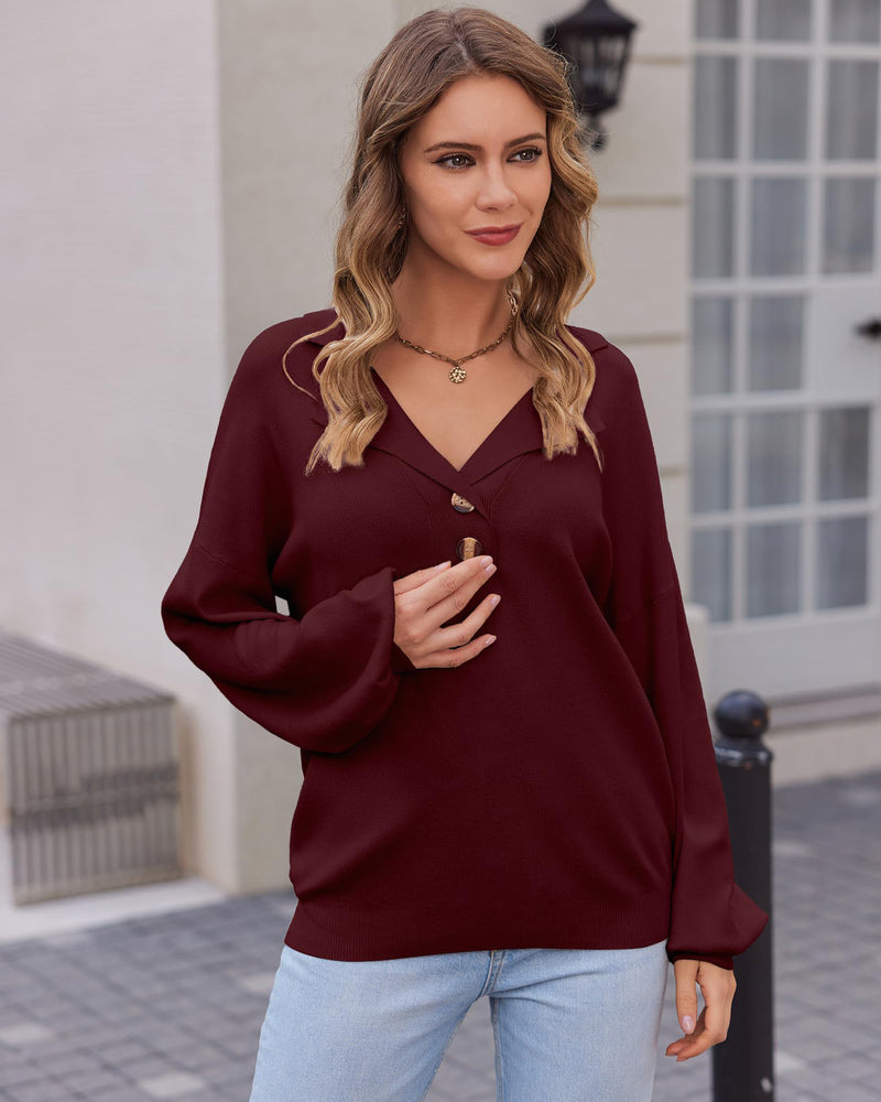 Zeagoo Women V Neck Sweater Lantern Sleeve Drop Shoulder Oversized Henley Knit Pullover Tops S-XXL