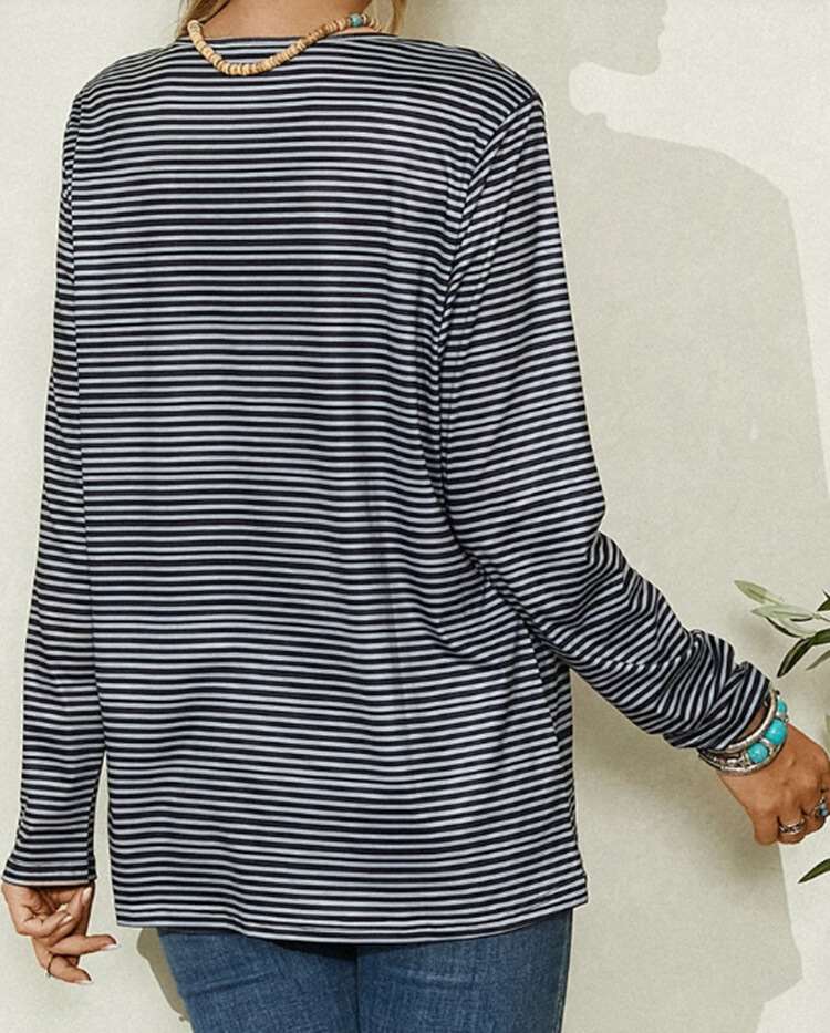 Stripe Cat print Round neck Long sleeve Plus T-Shirts