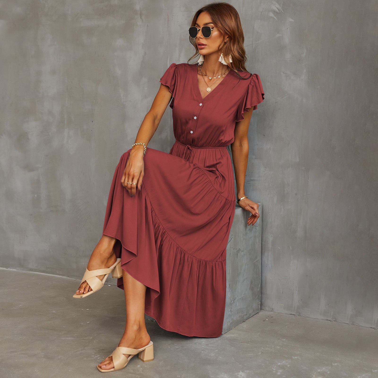 V neck button design plain color women big hem maxi dresses