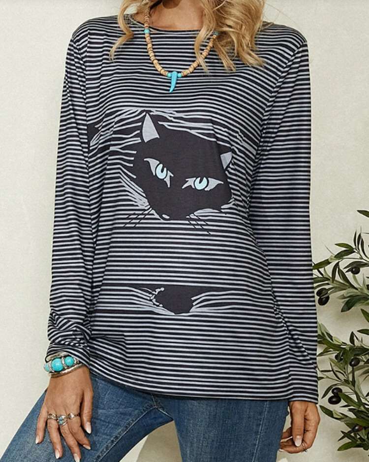 Stripe Cat print Round neck Long sleeve Plus T-Shirts