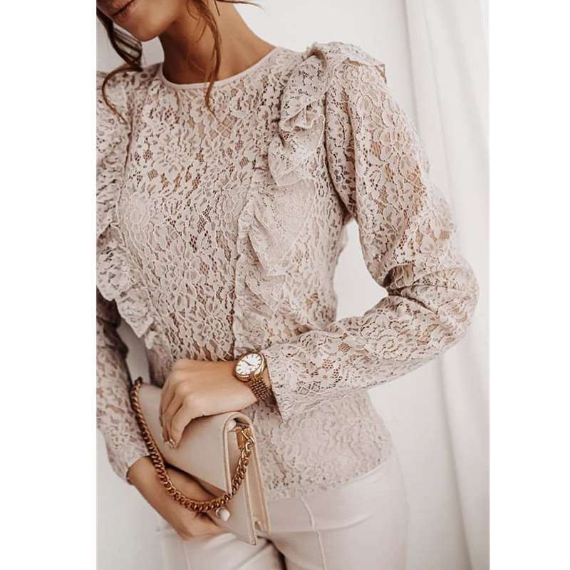 Stylish Lace Hollow out Round neck Long sleeve Blackless Falbala Blouses