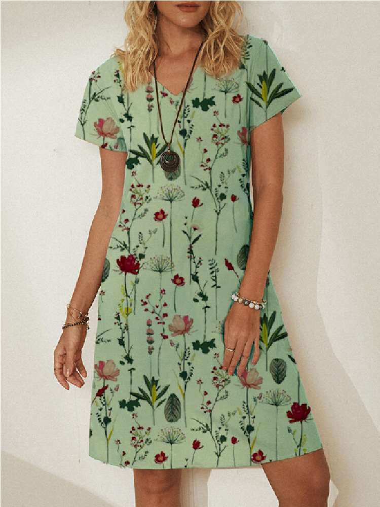 Stylish Floral print V neck Short sleeve Shift Dresses