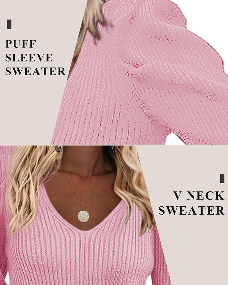 Zeagoo V Neck Sweaters for Women Casual Puff Sleeve Pullover Sweater Solid Soft Slim Fit Jumper Tops