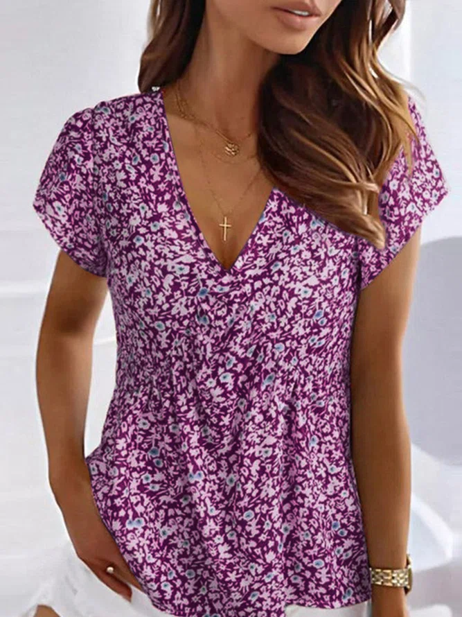 V Neck Floral Casual Short Sleeve T-Shirts Tee