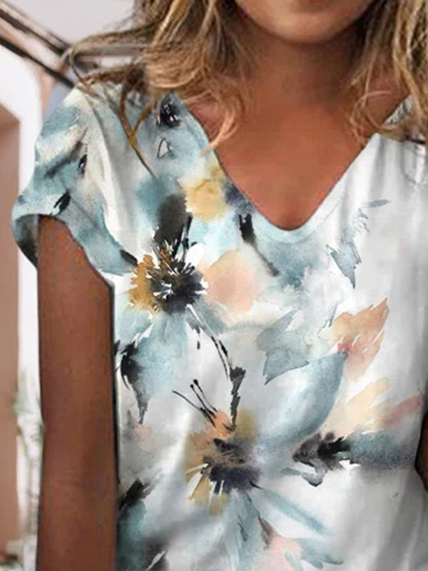 V Neck Floral Loosen Vacation T-Shirts