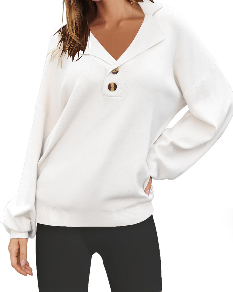 Zeagoo Women V Neck Sweater Lantern Sleeve Drop Shoulder Oversized Henley Knit Pullover Tops S-XXL