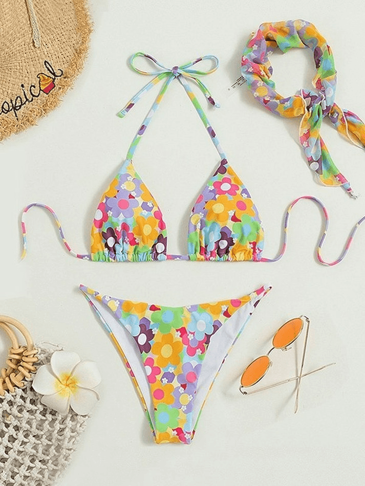 Color Block Floral Bikini Set